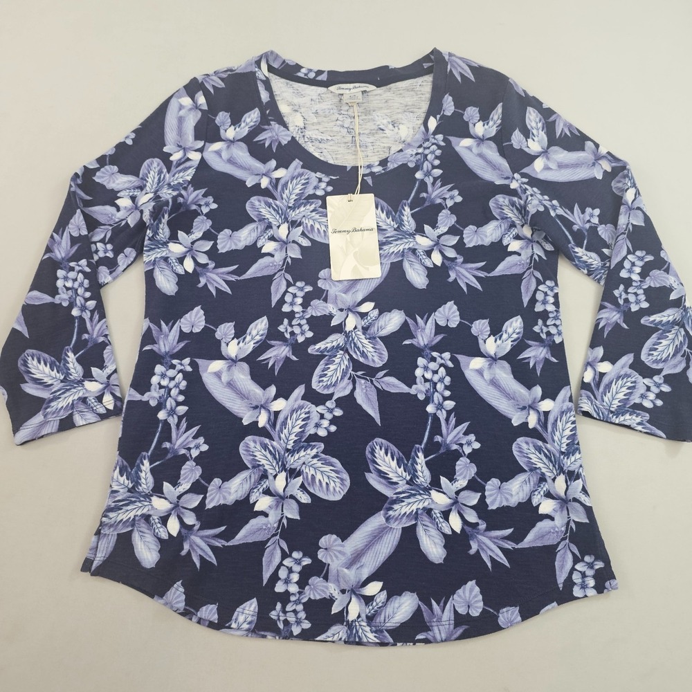 Tommy Bahama tee t-shirt womens S Small blue cotton 243-SW221960 floral